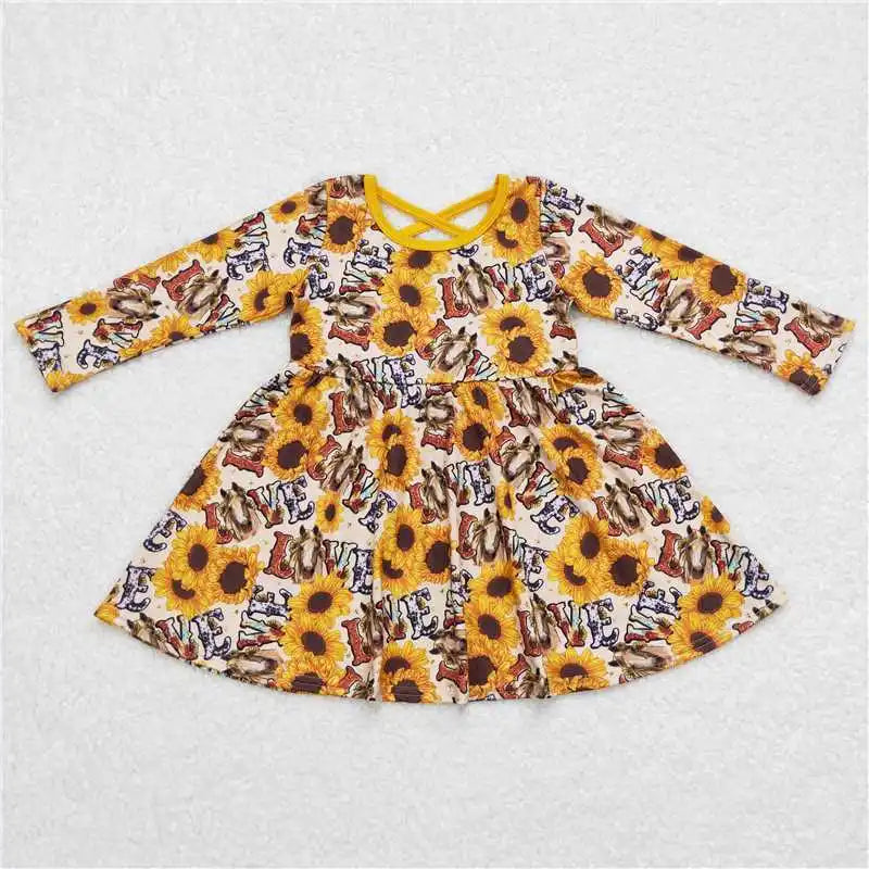 Wholesale Children Long Sleeve Kids Roses Flower Baby Girl Twirl Dress Infant Toddler Spring Fall Floral Knee Length One Piece