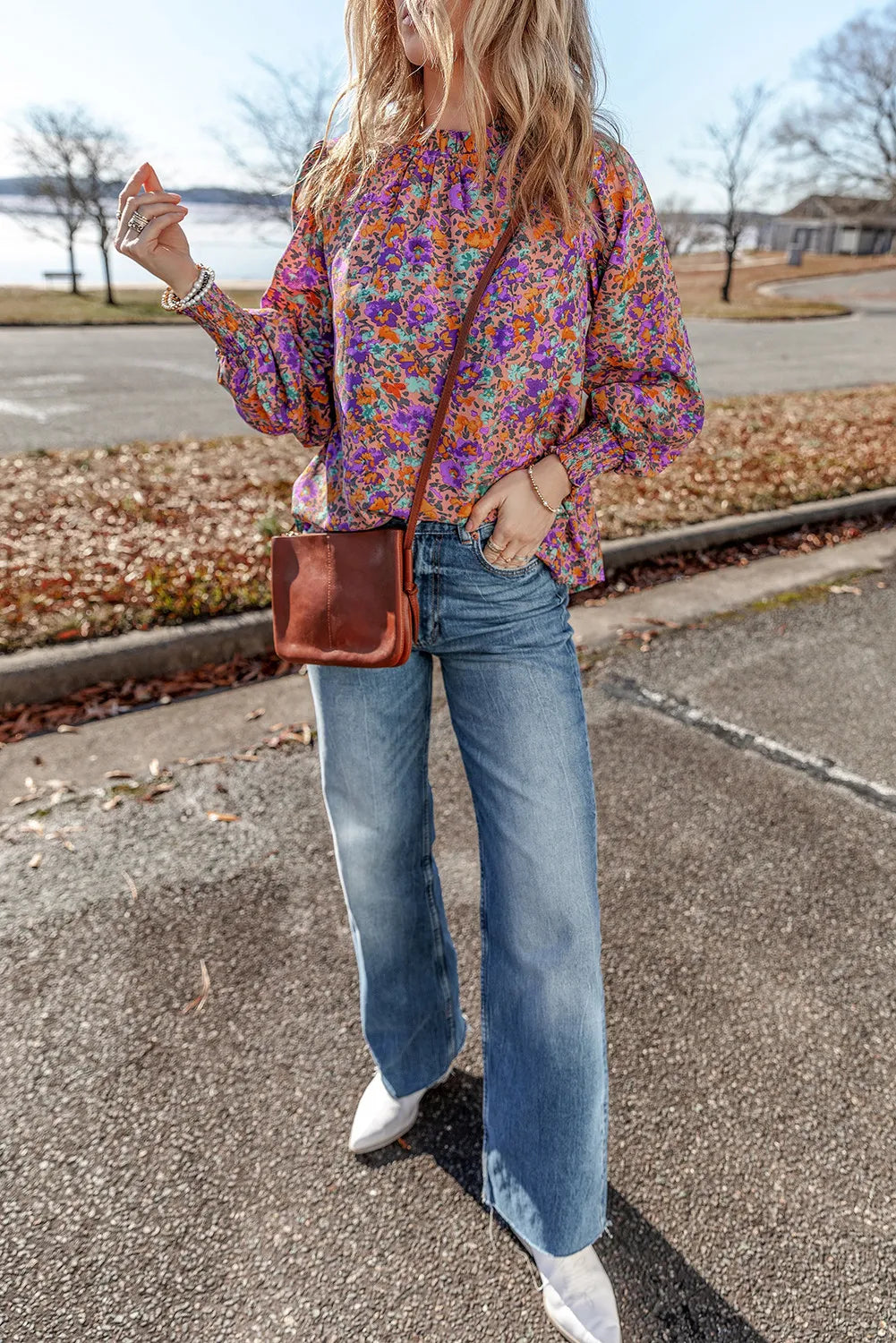 Floral Round Neck Long Sleeve Blouse