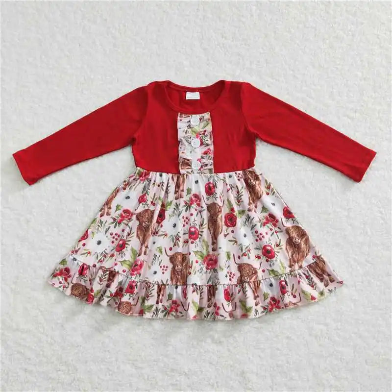 Wholesale Children Long Sleeve Kids Roses Flower Baby Girl Twirl Dress Infant Toddler Spring Fall Floral Knee Length One Piece