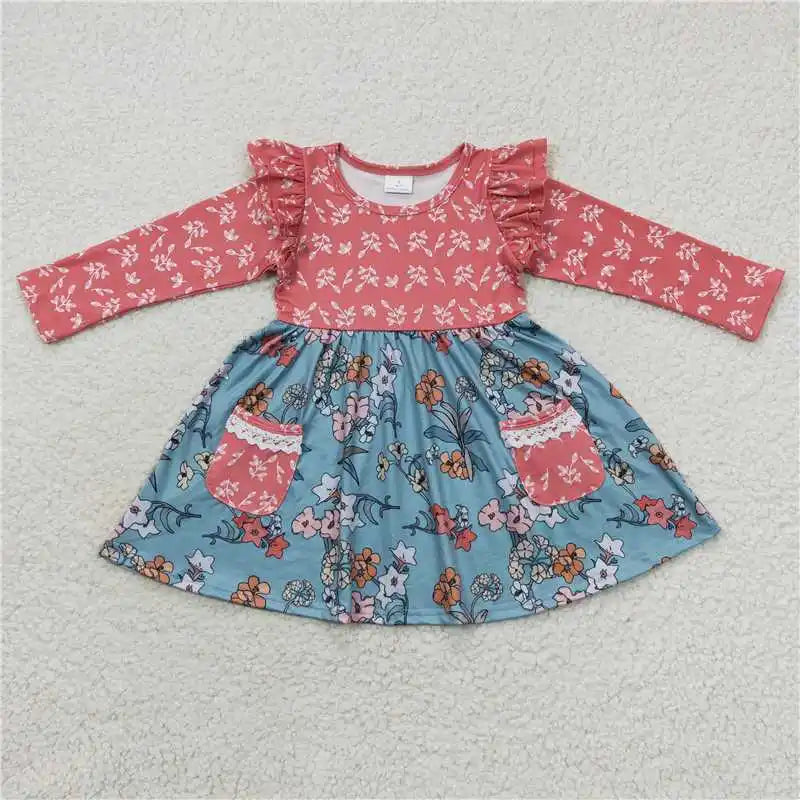 Wholesale Children Long Sleeve Kids Roses Flower Baby Girl Twirl Dress Infant Toddler Spring Fall Floral Knee Length One Piece