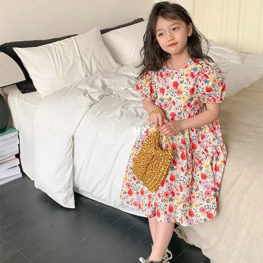 Children Summer Cute Dresses Girls Print Floral Vestidos Baby Casual Short Sleeves Dress 2024 New Kids Puff Sleeve Clothing