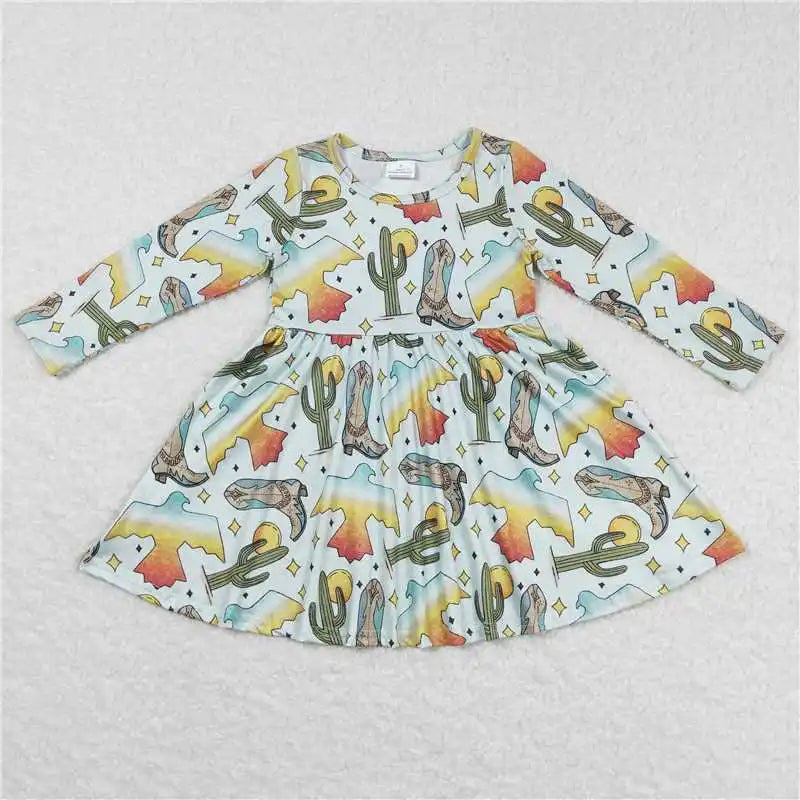 Wholesale Children Long Sleeve Kids Roses Flower Baby Girl Twirl Dress Infant Toddler Spring Fall Floral Knee Length One Piece