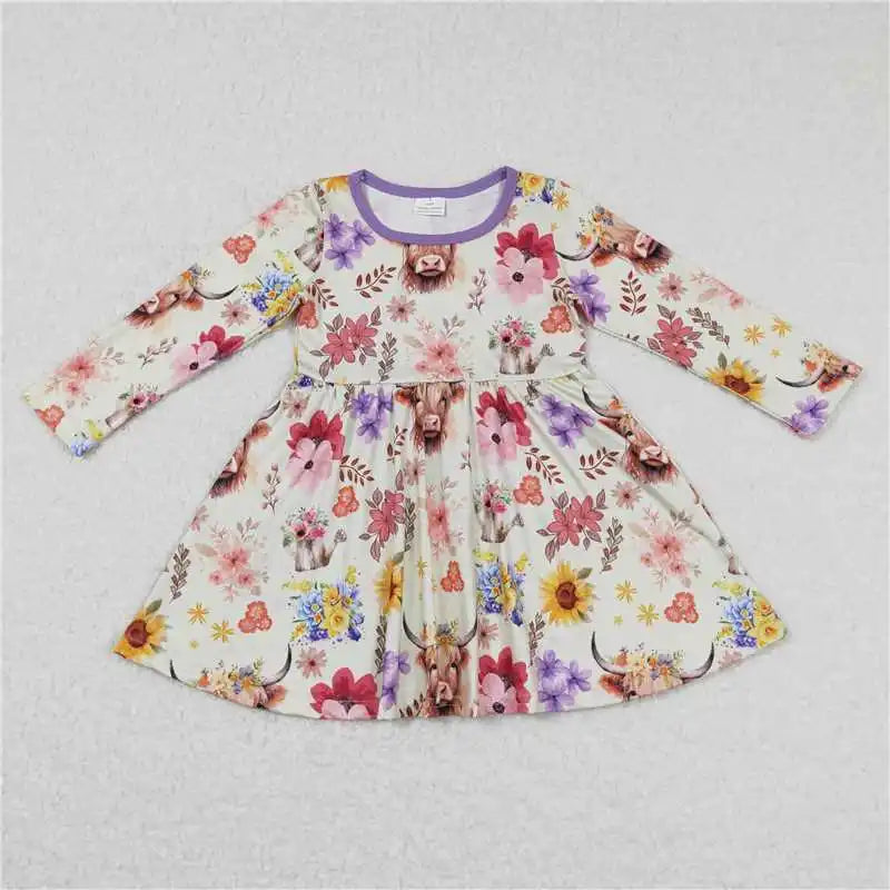 Wholesale Children Long Sleeve Kids Roses Flower Baby Girl Twirl Dress Infant Toddler Spring Fall Floral Knee Length One Piece