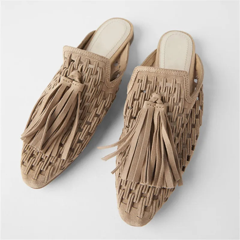 Retro Fringed Women Slippers Knitted Hollow Out Flats Summer Beach Slides Tassels Lazy Mules Female Gladiator Flat Sandals