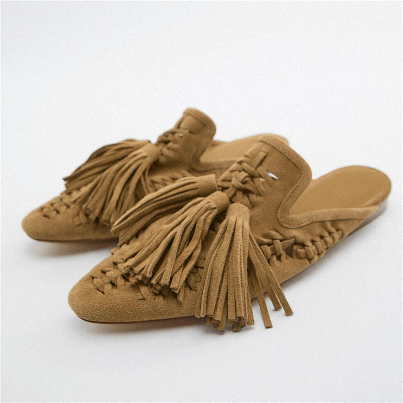 Retro Fringed Women Slippers Knitted Hollow Out Flats Summer Beach Slides Tassels Lazy Mules Female Gladiator Flat Sandals