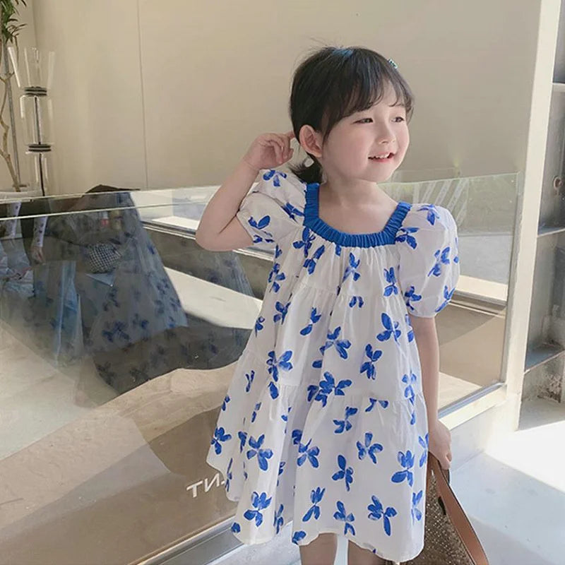 Children Summer Cute Dresses Girls Print Floral Vestidos Baby Casual Short Sleeves Dress 2024 New Kids Puff Sleeve Clothing