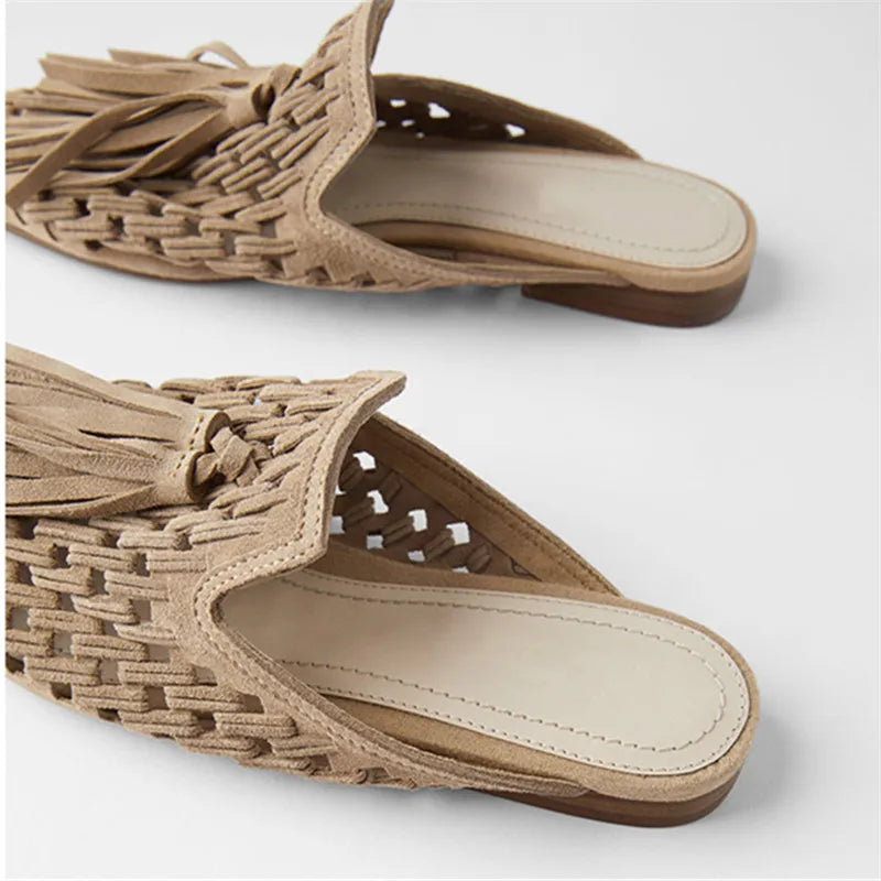 Retro Fringed Women Slippers Knitted Hollow Out Flats Summer Beach Slides Tassels Lazy Mules Female Gladiator Flat Sandals