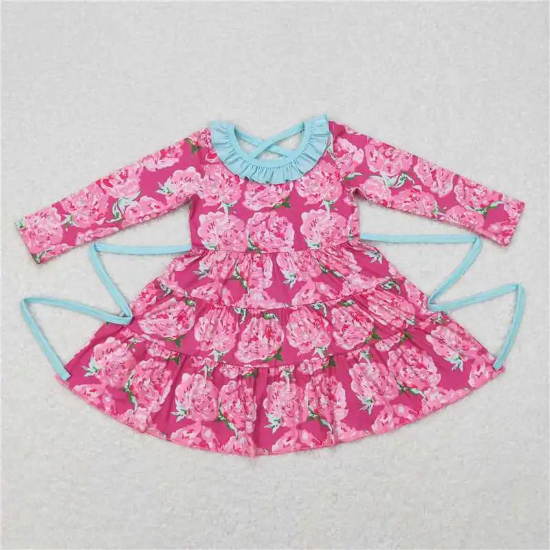 Wholesale Children Long Sleeve Kids Roses Flower Baby Girl Twirl Dress Infant Toddler Spring Fall Floral Knee Length One Piece