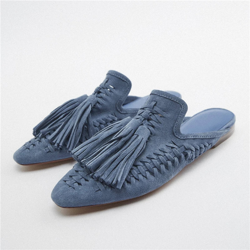 Retro Fringed Women Slippers Knitted Hollow Out Flats Summer Beach Slides Tassels Lazy Mules Female Gladiator Flat Sandals