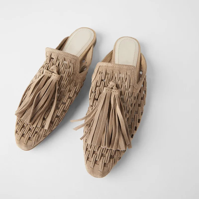 Retro Fringed Women Slippers Knitted Hollow Out Flats Summer Beach Slides Tassels Lazy Mules Female Gladiator Flat Sandals