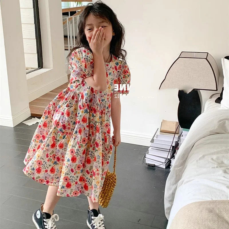 Children Summer Cute Dresses Girls Print Floral Vestidos Baby Casual Short Sleeves Dress 2024 New Kids Puff Sleeve Clothing