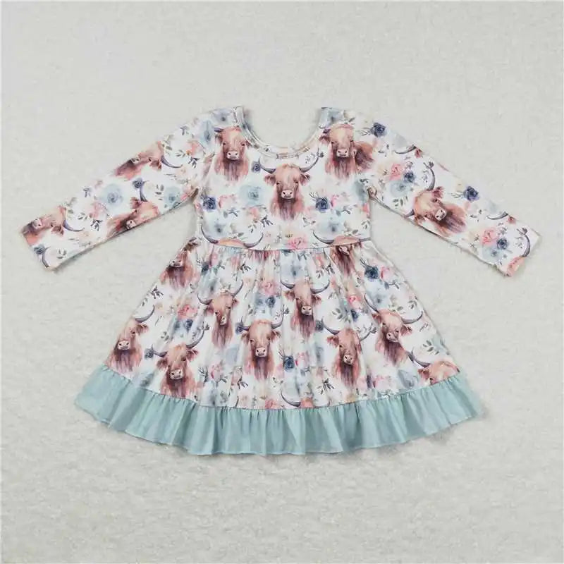 Wholesale Children Long Sleeve Kids Roses Flower Baby Girl Twirl Dress Infant Toddler Spring Fall Floral Knee Length One Piece