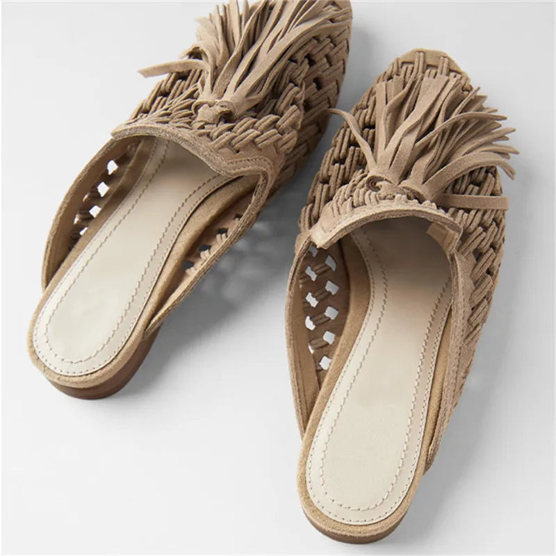 Retro Fringed Women Slippers Knitted Hollow Out Flats Summer Beach Slides Tassels Lazy Mules Female Gladiator Flat Sandals