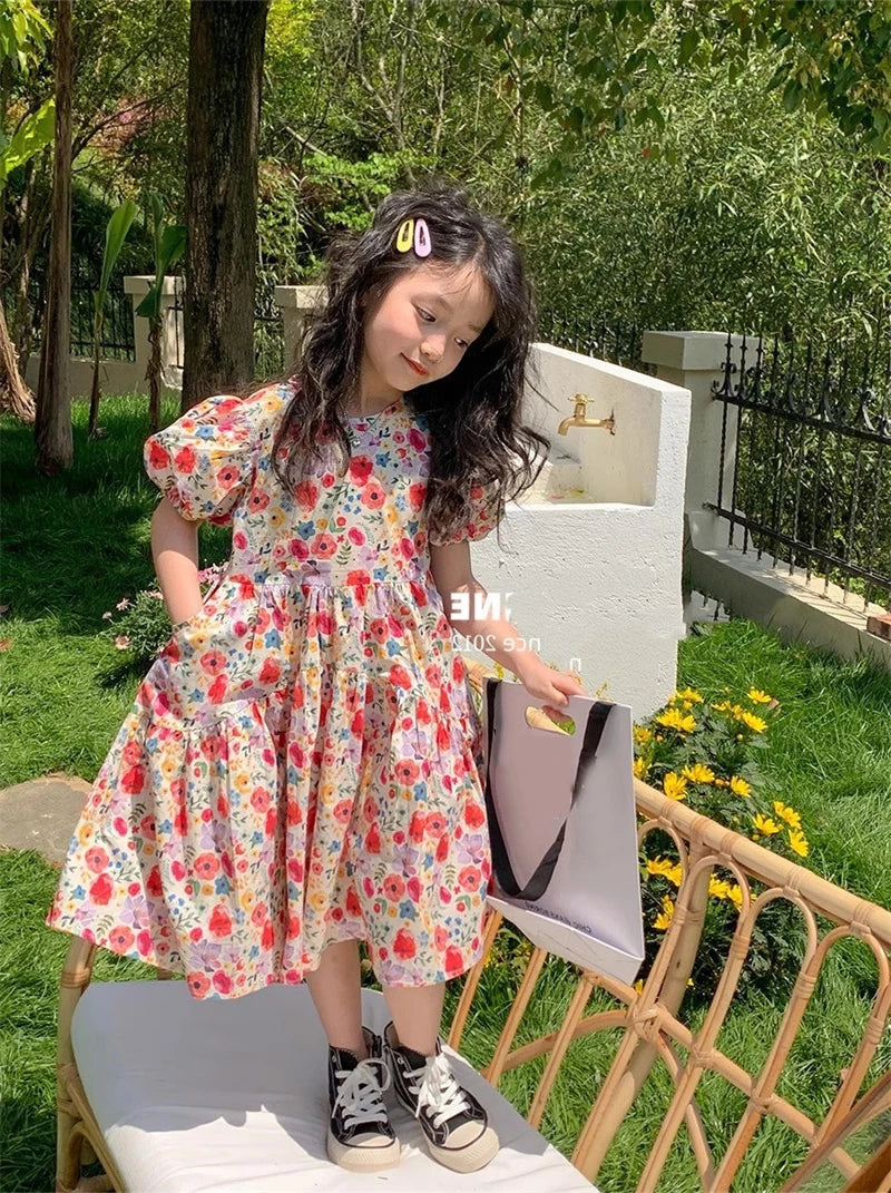 Children Summer Cute Dresses Girls Print Floral Vestidos Baby Casual Short Sleeves Dress 2024 New Kids Puff Sleeve Clothing